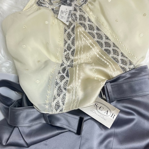 OSCAR DE LA RENTA SILVER INVERTED FLAT PLEAT SATIN SKIRT NEW WITH TAGS - Picture 10 of 14